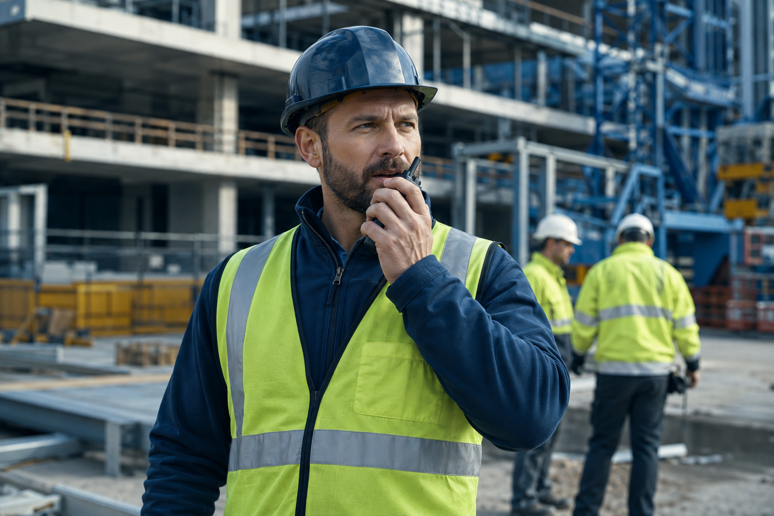 Construction worker using a two-way radio at a jobsite
