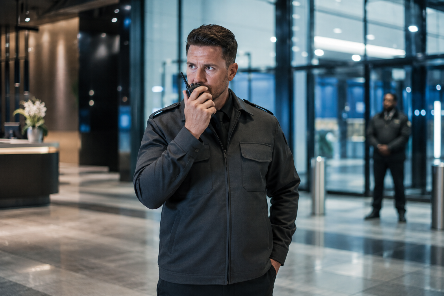 Security officer using a two-way radio in a commercial building