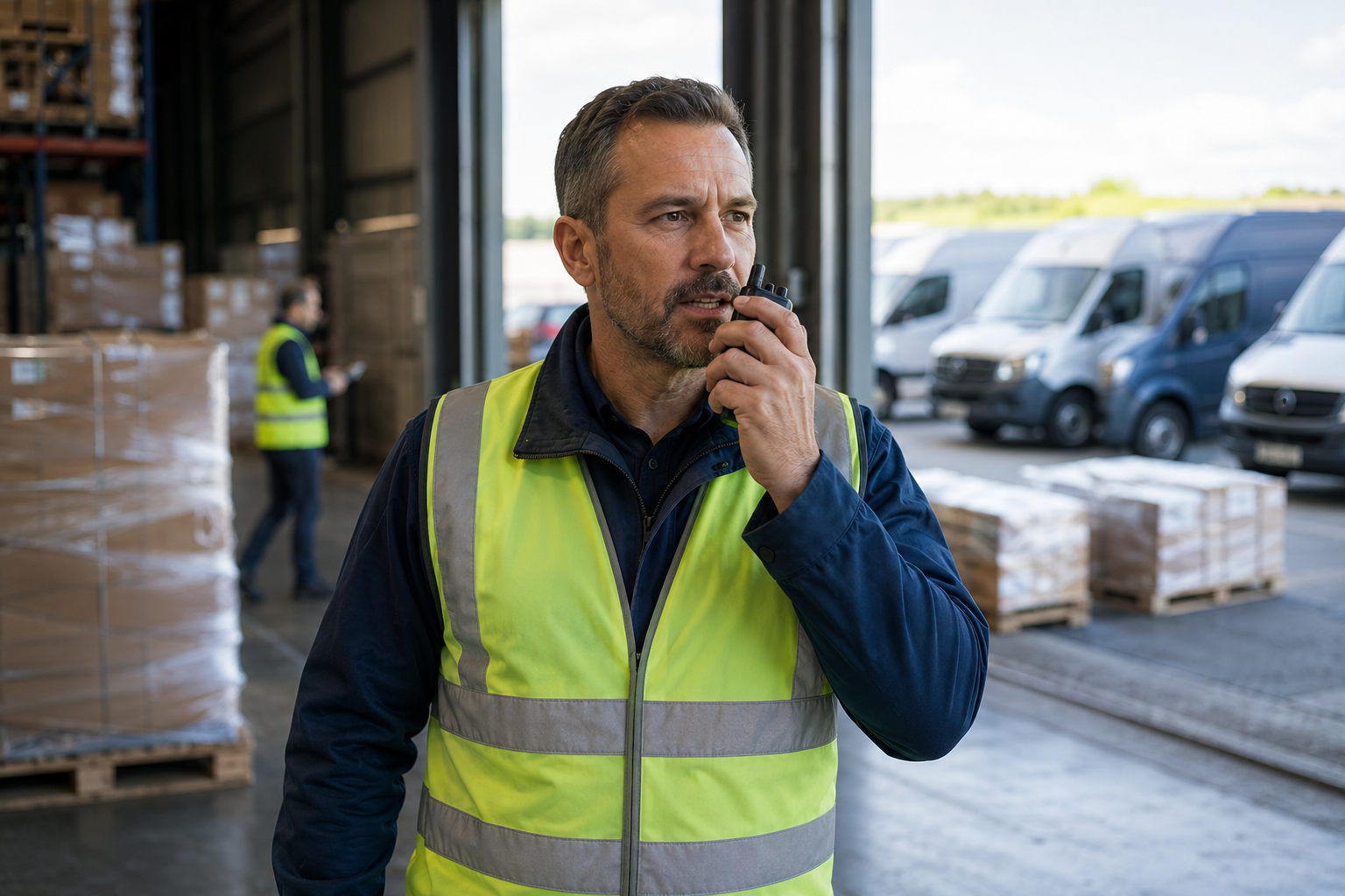 Logistics supervisor using a two-way radio at a warehouse loading dock