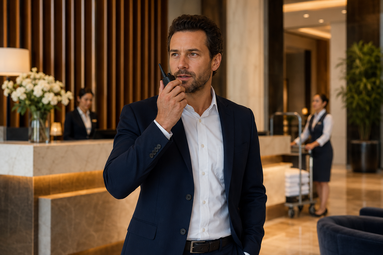 Hotel manager using a two-way radio in a hotel lobby