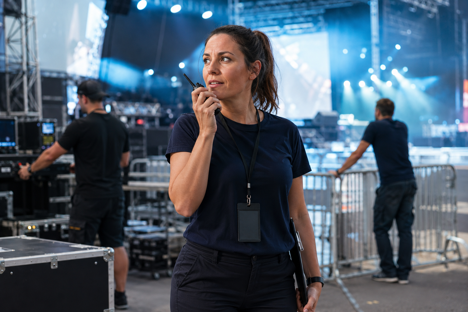 Event coordinator using a two-way radio at a live venue