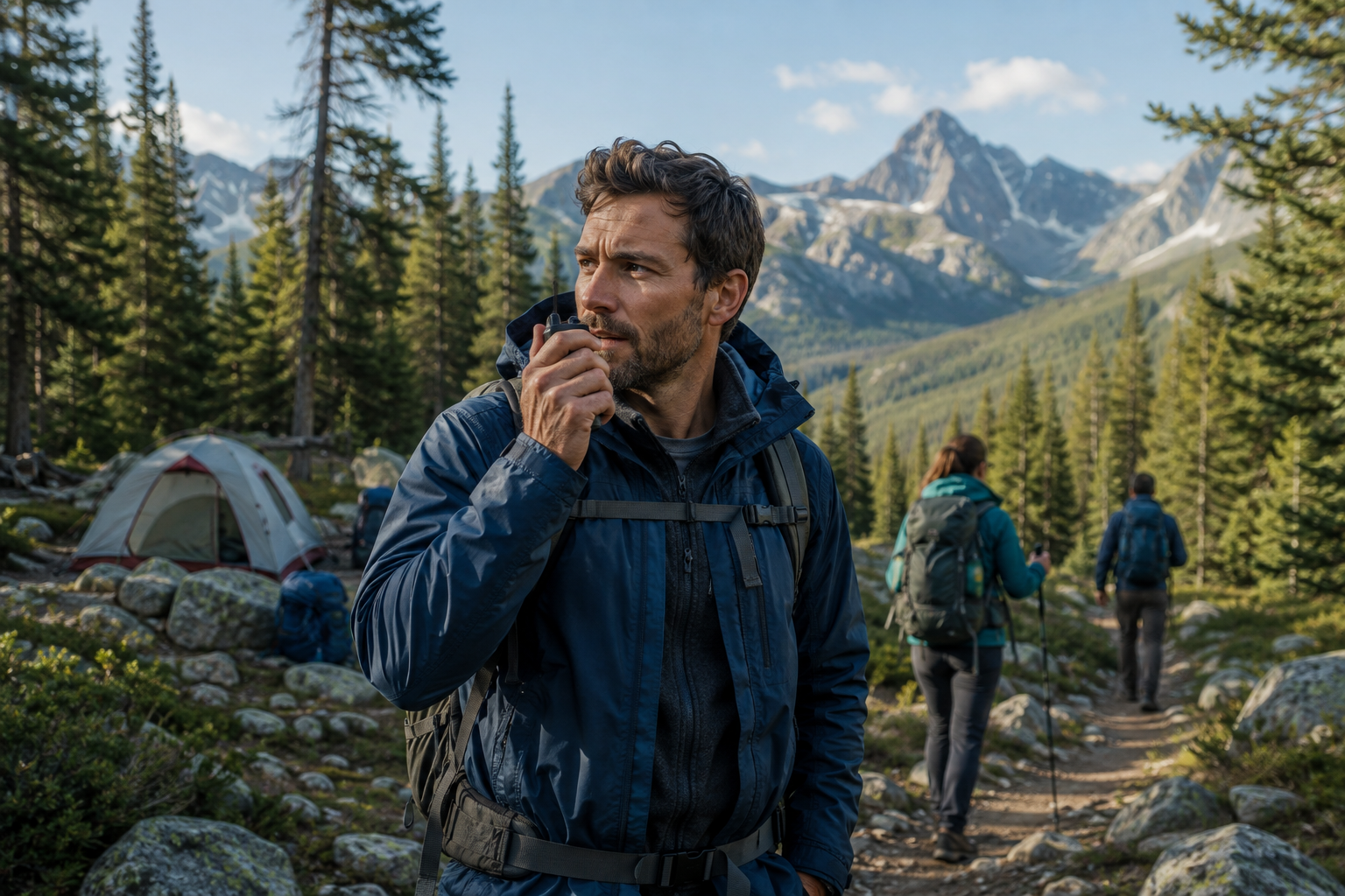 Hiker using a walkie talkie on a mountain trail