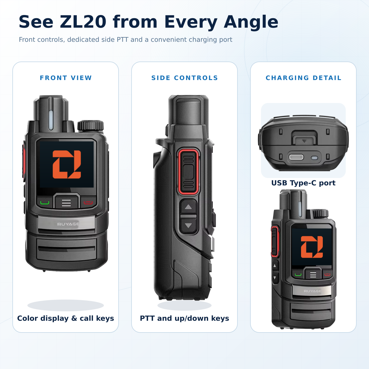 Rádio Ruyage ZL20 com botão PTT Tela de 1,7 polegadas WiFi Hotspot Walkie Talkies Longo alcance 100 milhas Push-to-Talk para Zello Android 