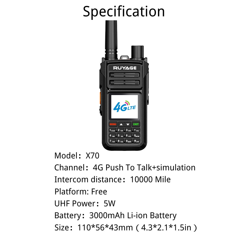 Ruyage X70 Nationwide Lifetime Free 4g+Uhf Walkie Talkies | Global Unlimited Range Dual Mode 2 Way Radios,Relay Function,3000mAh,for Job Site with SIM Cards 2 Pack