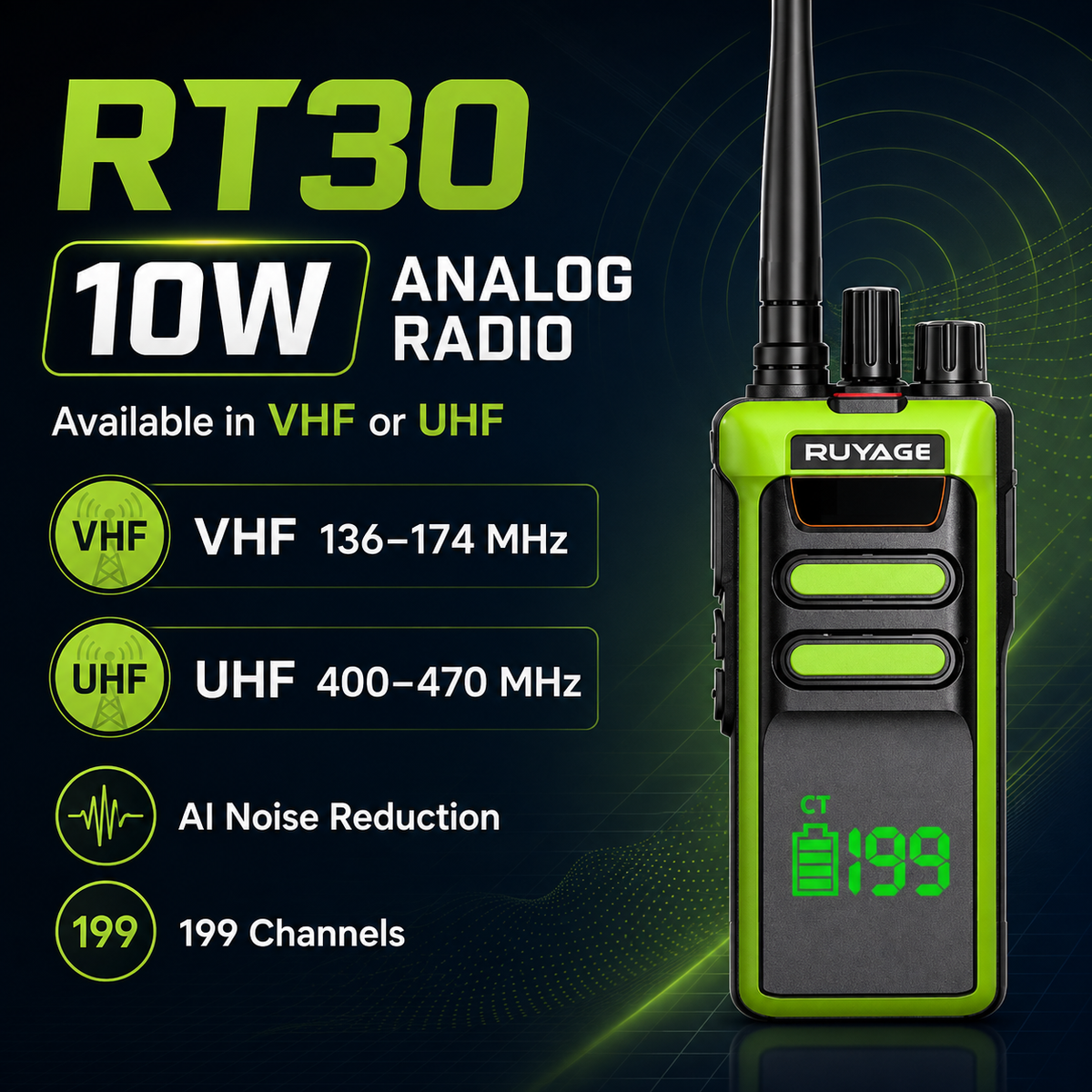 RUYAGE RT30 10W Long Range VHF or UHF Analog Walkie Talkie