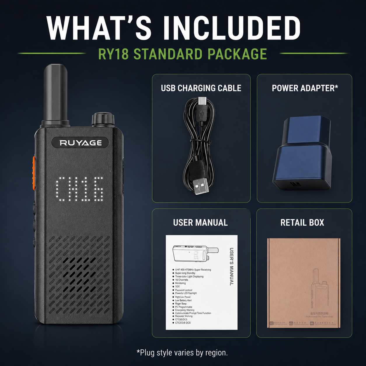 Ruyage RY18 Walkie Talkies para adultos recarregável 1 pacote, rádio bidirecional FRS portátil de longo alcance 16 canais viva-voz VOX para acampamento e caminhada 