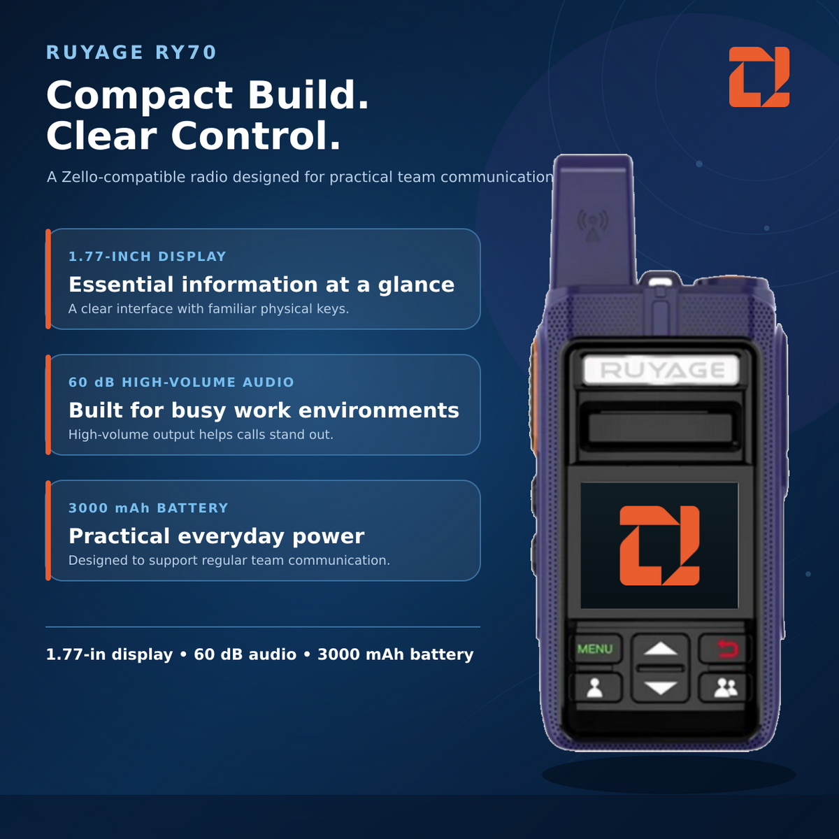RUYAGE RY70 Zello-Compatible Touchscreen WiFi Walkie Talkie – 3000mAh