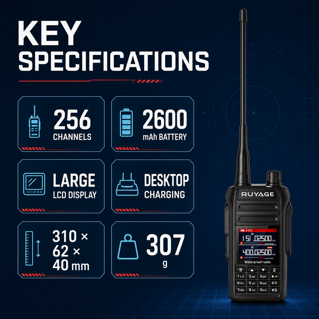 Ruyage UV5D Walkie Talkie IP67 Rádio bidirecional à prova d'água 2600 mAh com cabo de programação K-Head 