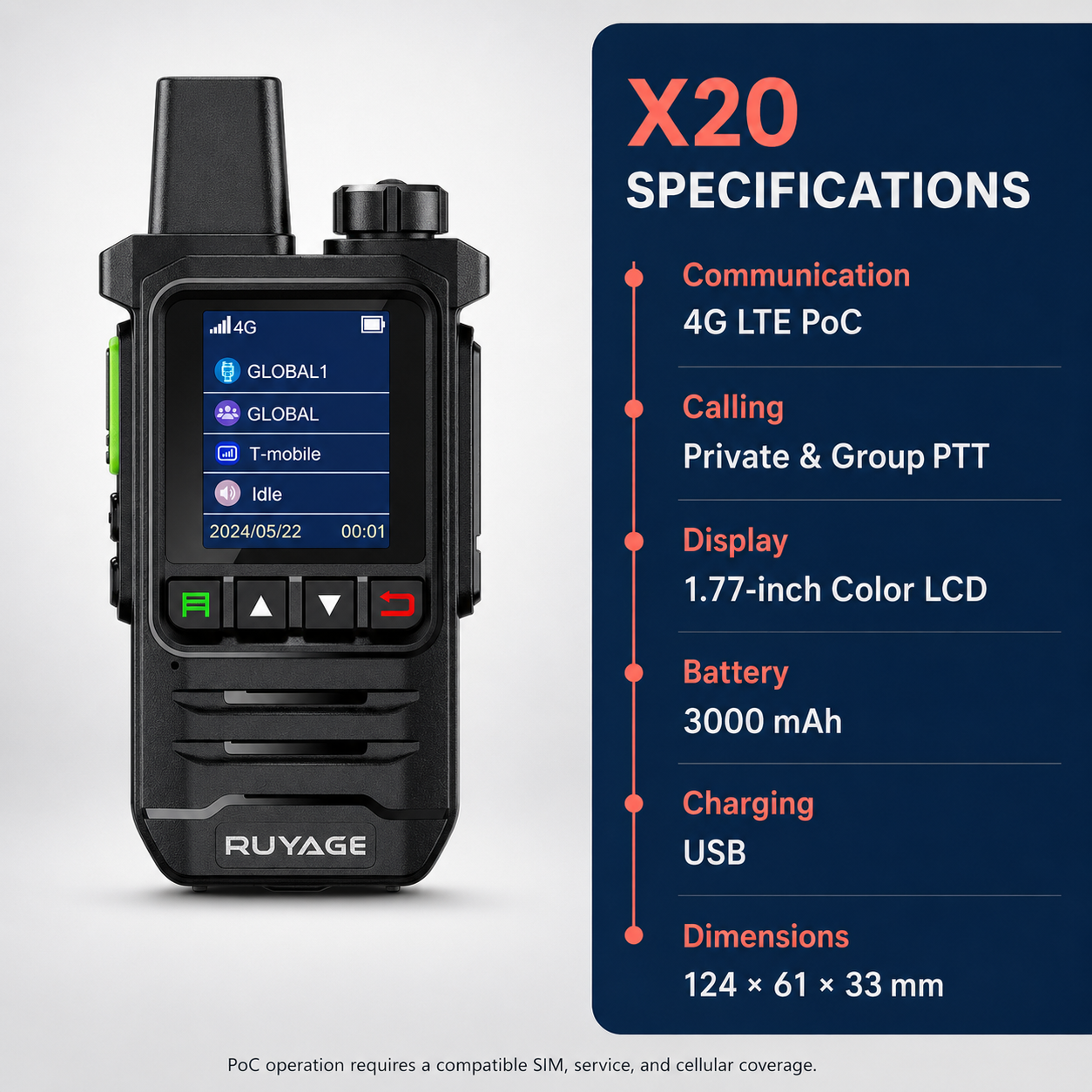 Ruyage-X20 4G 푸시투토크 워키토키 네트워크 글로벌 POC 라디오 장거리 500마일 하이킹 캠핑용 