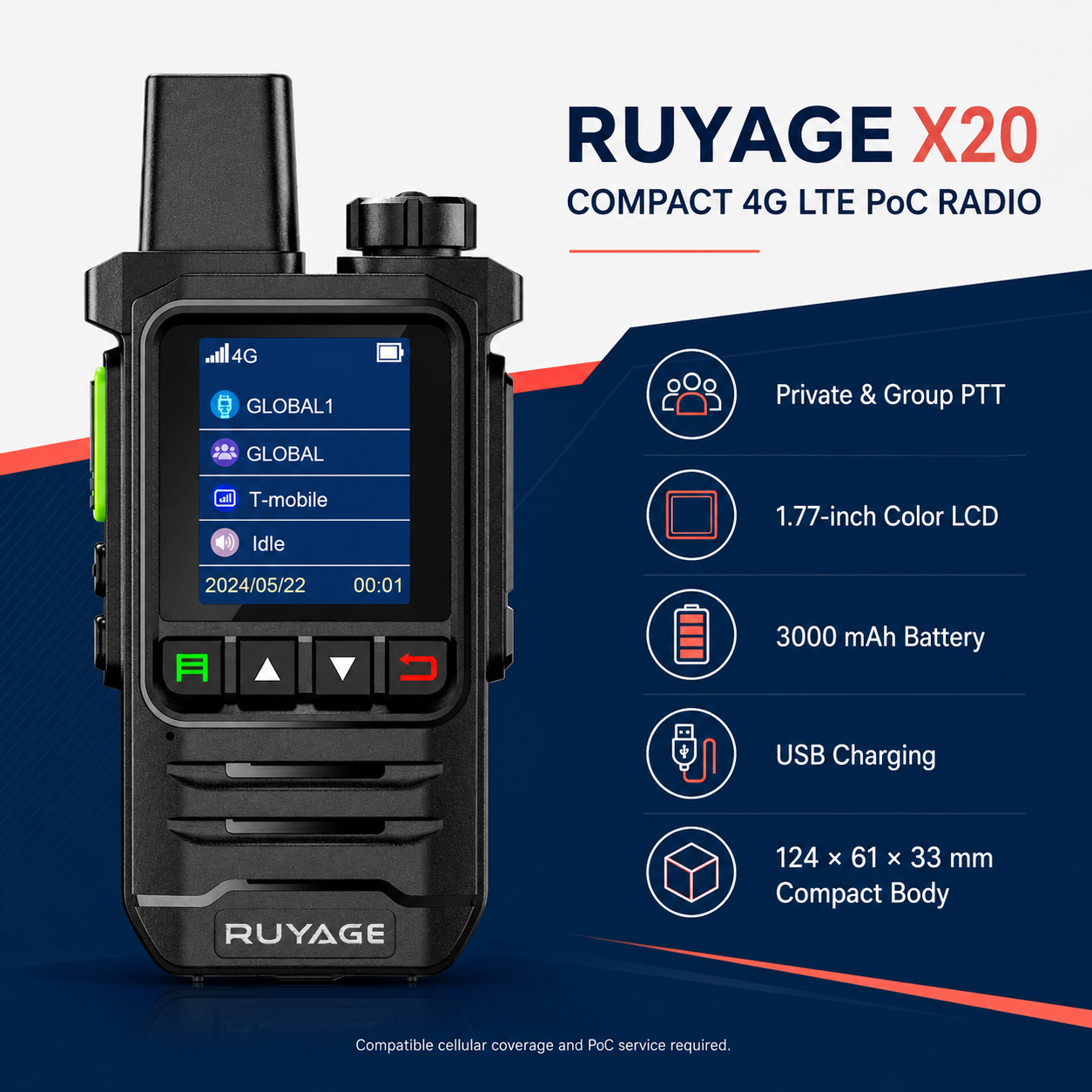 Ruyage-X20 4G 푸시투토크 워키토키 네트워크 글로벌 POC 라디오 장거리 500마일 하이킹 캠핑용 