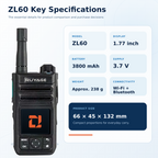 Ruyage ZL60 4G Rádio de rede com botão PTT WiFi Walkie Talkies Longo alcance 100 milhas Tela LCD de 1,77 polegadas Push-to-Talk para Zello Android 