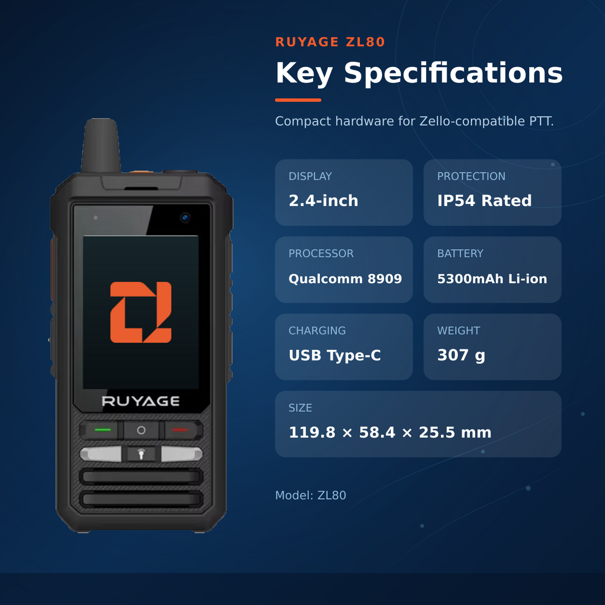 RUYAGE ZL80 Zello-Compatible 4G LTE/WiFi Touchscreen Walkie Talkie