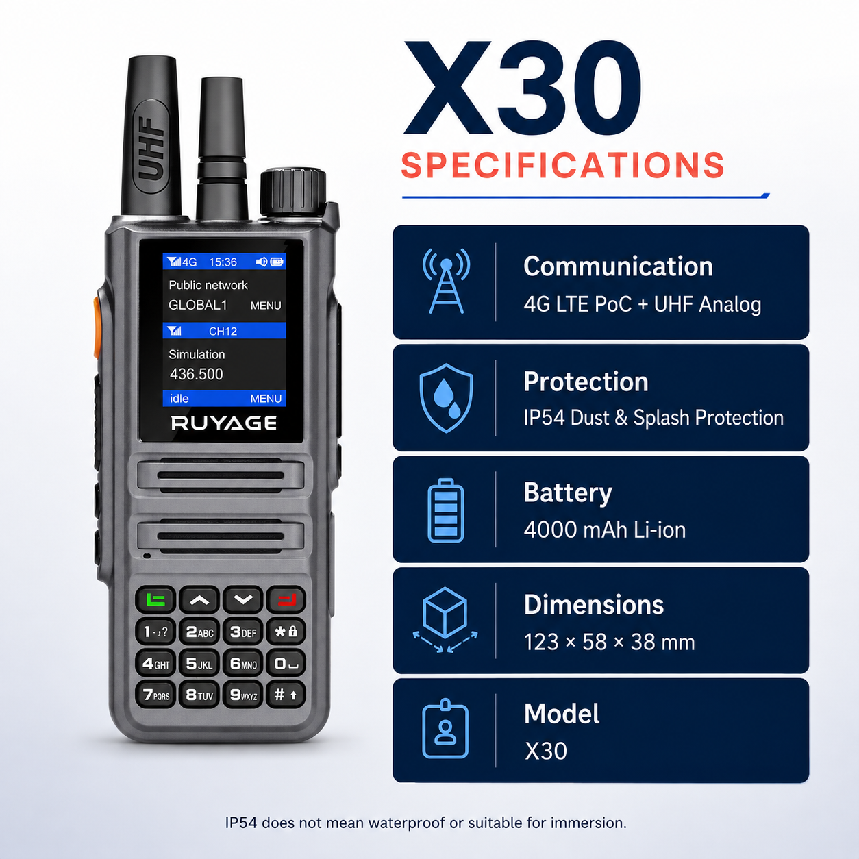 RUYAGE X30 Dual-Mode 4G LTE PoC & 5W UHF Two-Way Radio – IP54